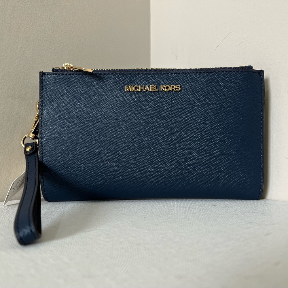 New Michael Kors Jet Set Travel Double Zip Wallet Saffiano Leather Navy